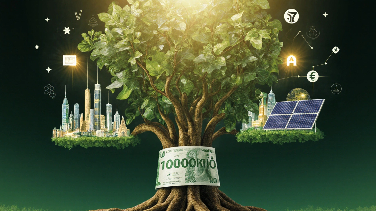 Strom s kořeny z bankovek a větvemi reprezentujícími globální, české a technologické investice.