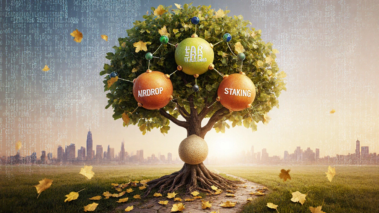 Strom s kořeny z blockchainových uzlů a ovoce označeného strategiemi kryptoměn.