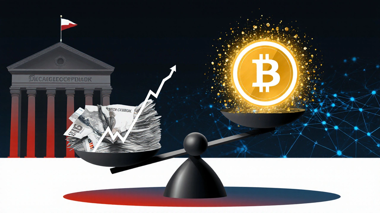 Symbolická váha: klasické peníze a úroky proti digitálnímu Bitcoinu s zlatým zářením, znázorňující přechod od nestálých systémů k odolným aktivům.