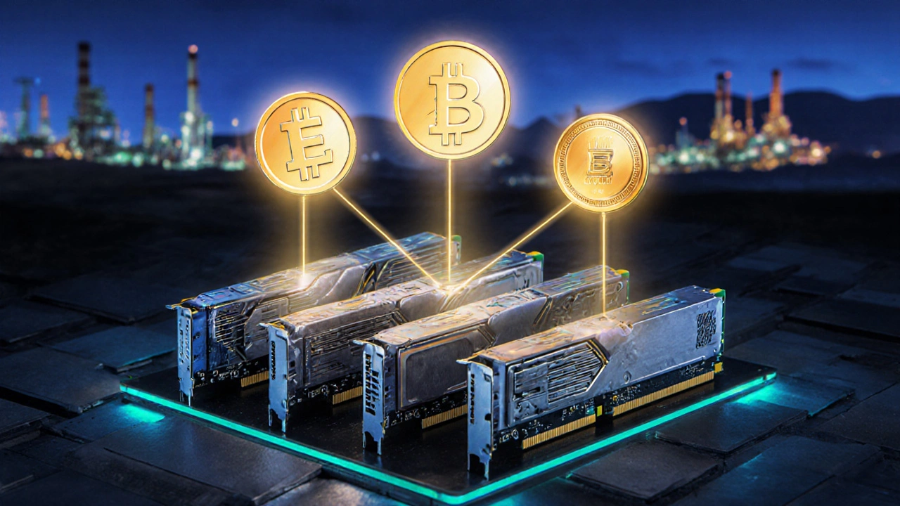 Tři kryptoměny ETC, XMR a RVN září nad starými GPU, za nimi průmyslové těžební farmy