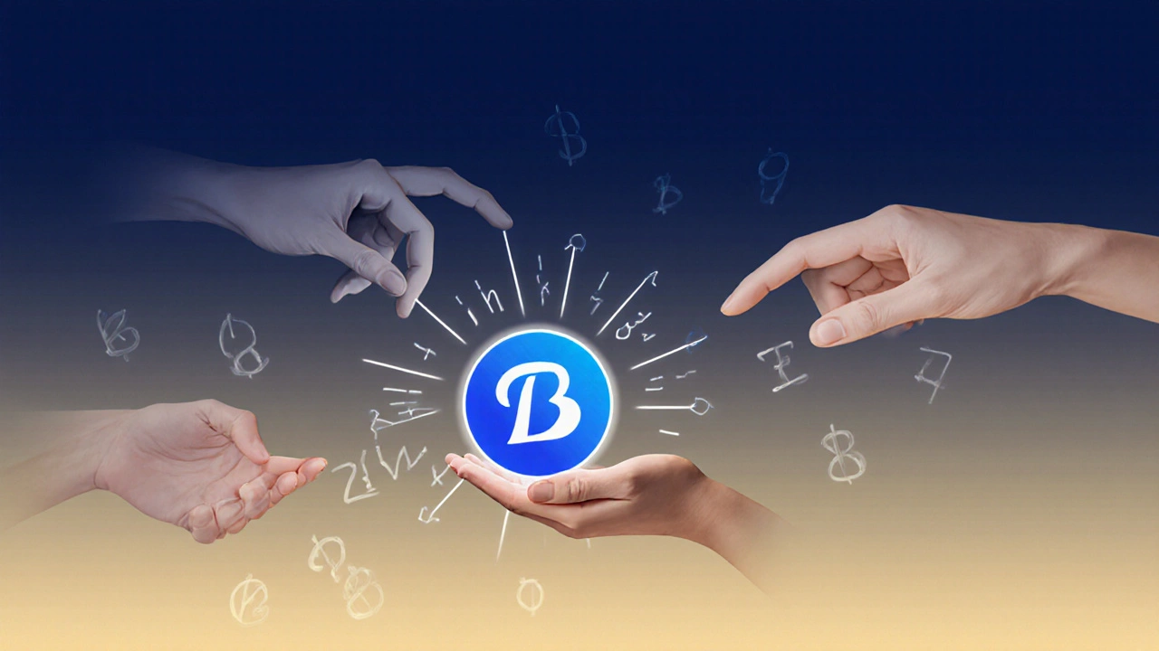 Tři ruce předávají světící dluhopis přes čas, symbolizující dlouhodobou investici.