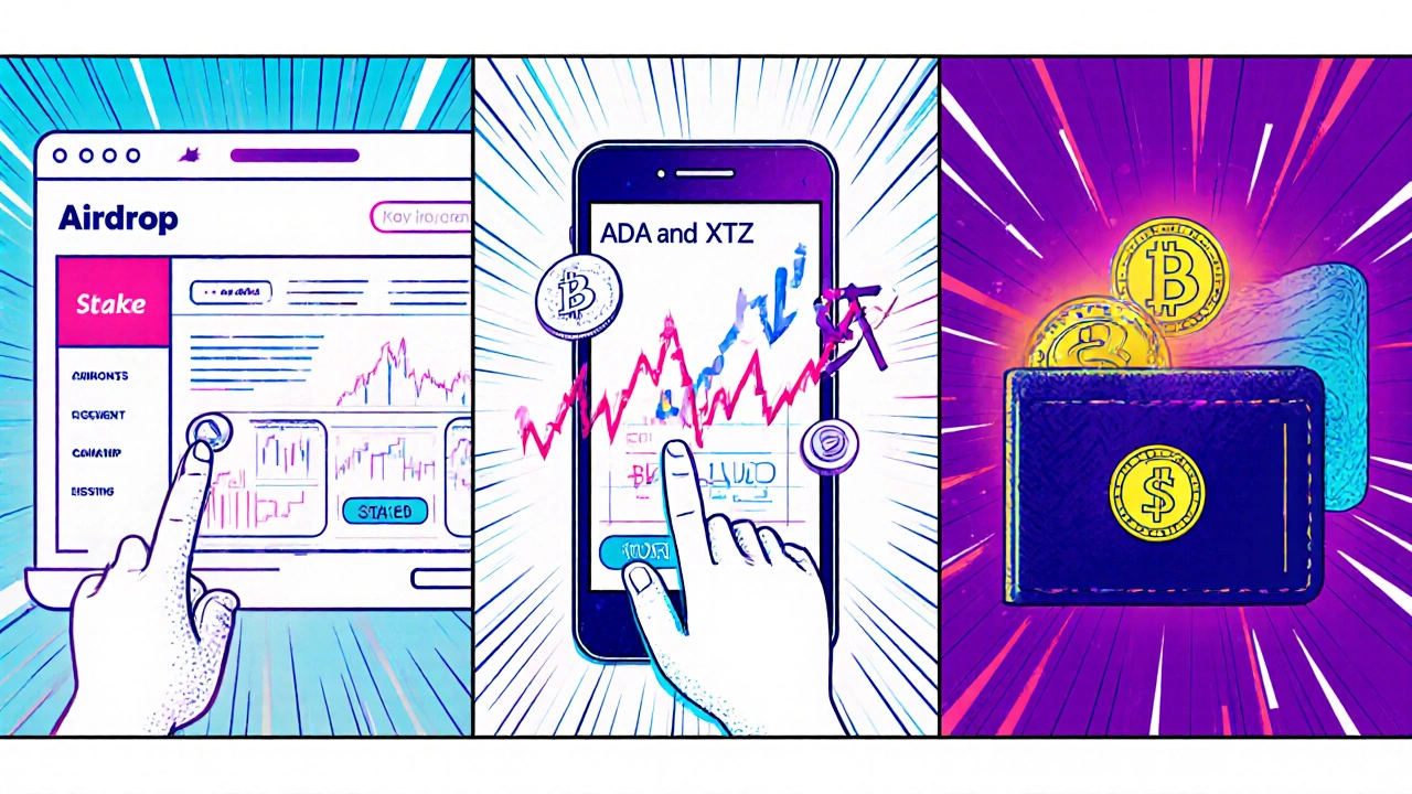 Tři scény: přihlašování k airdropu, obchodování na mobilu a staking kryptoměn.