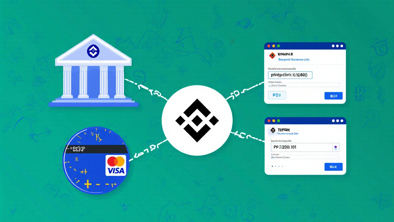 Tři způsoby vkladu peněz na Binance: bankovní převod, karta a P2P.