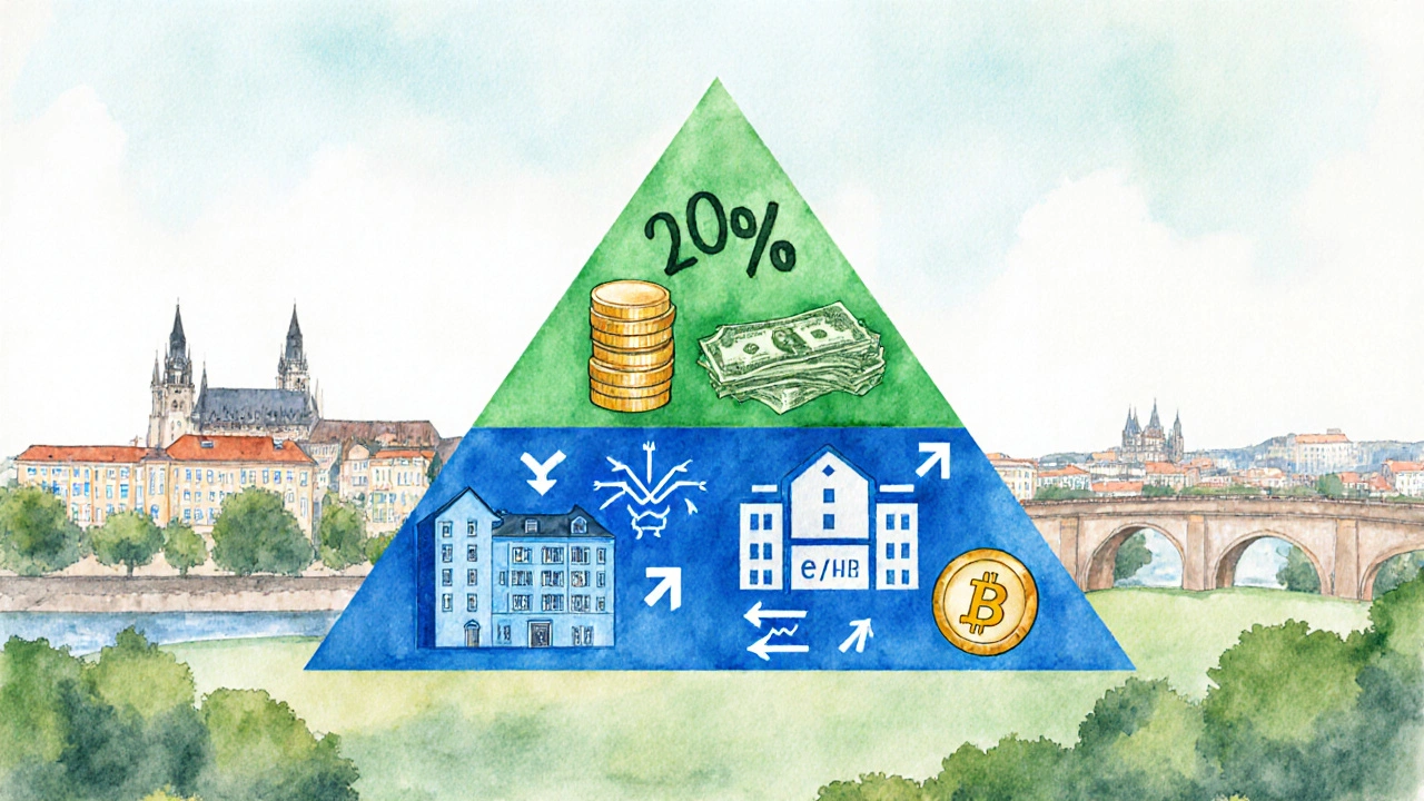 Trojúhelníková pyramidová ilustrace rozdělení investic: bezpečné úspory, stabilní příjem a růstové aktiva.