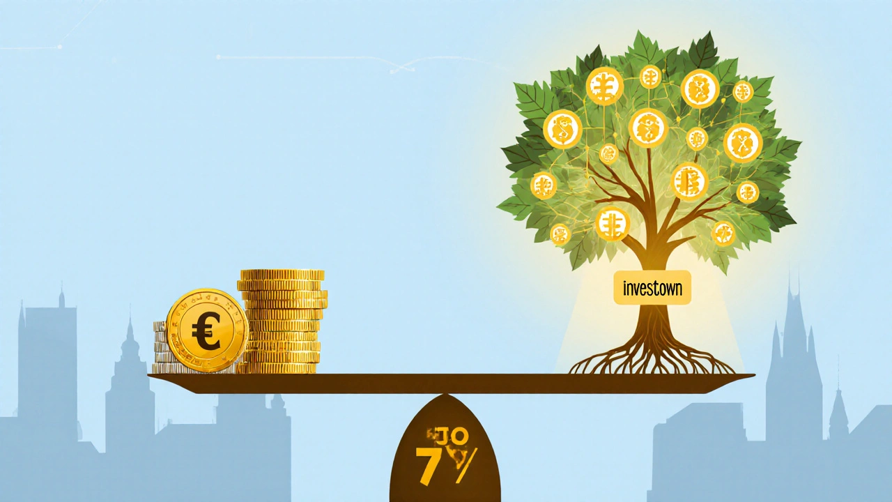 Váha s úsporami a Investownem, půjčky jako strom s růstoucími kořeny.