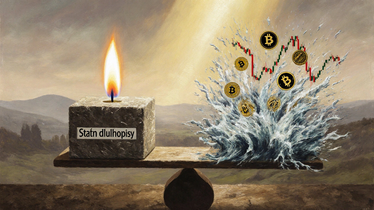 Váhy s klidným plamenem nad dluhopisy naproti bouřlivému trhu akcií a kryptoměn, symbolizující bezpečnost versus riziko.