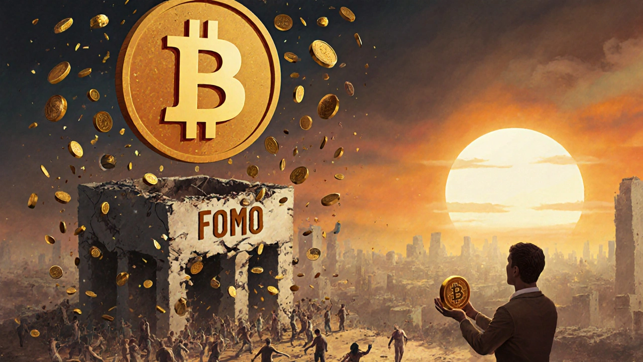 Velký bitcoinový symbol nad padající finanční věží s lidmi sbírajícími mince