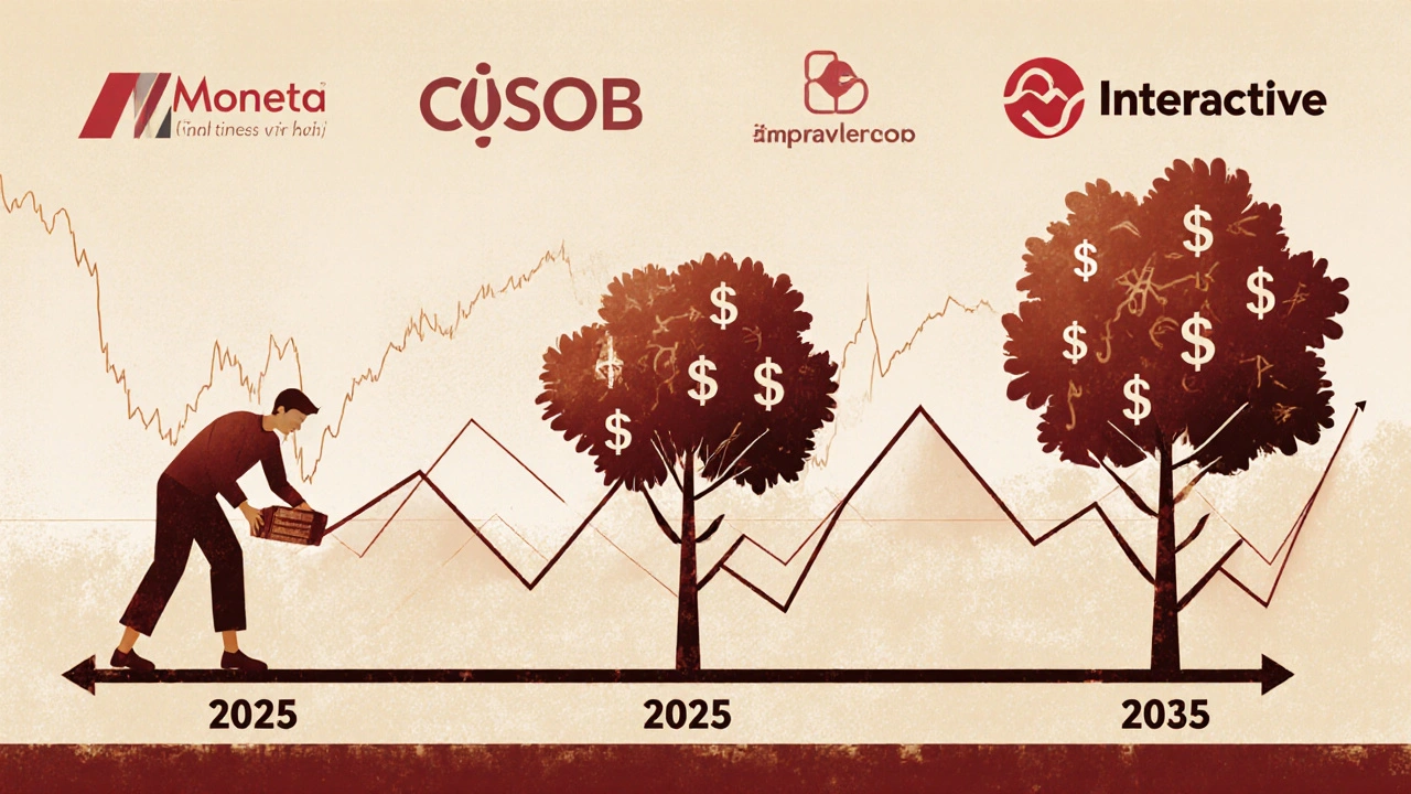 Vizualizace růstu investic 100 tisíc korun v čase pomocí růstoucího stromu a křivek složeného úroku.