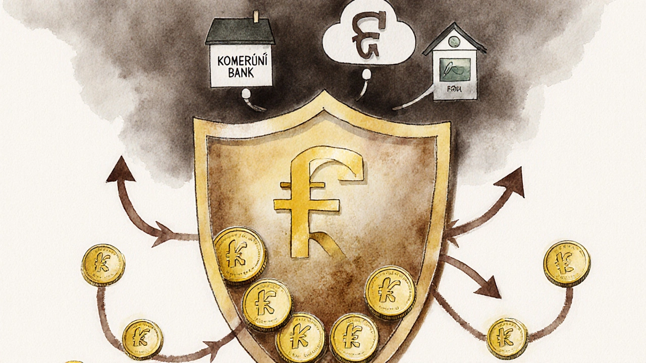 Zlaté koruny tvoří štít kolem domu, ochraňující rodinu před inflací.