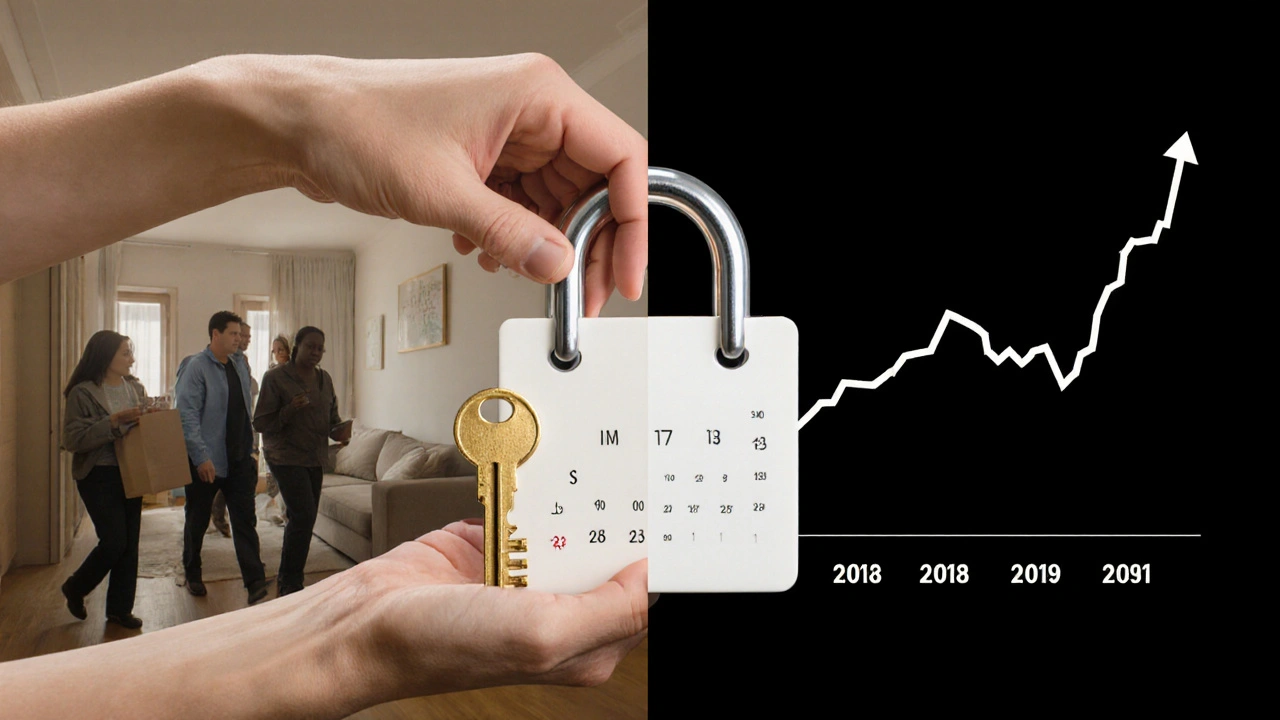 Zlatý klíč v zámku tvaru kalendáře s dvojitou scénou: nájemní byt a růstový graf.