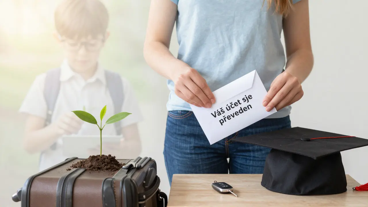 18letý teenager otevírá dopis o převodu účtu, vedle něj jsou klíče od auta a diplom.