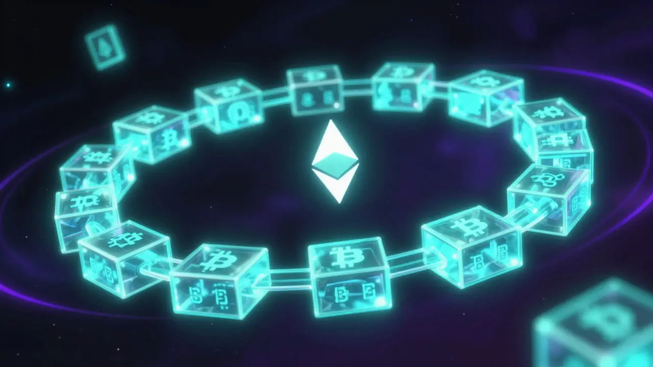 Abstraktní řetězec bloků s Bitcoinem a Ethereum v centru, světlo v temném prostoru.