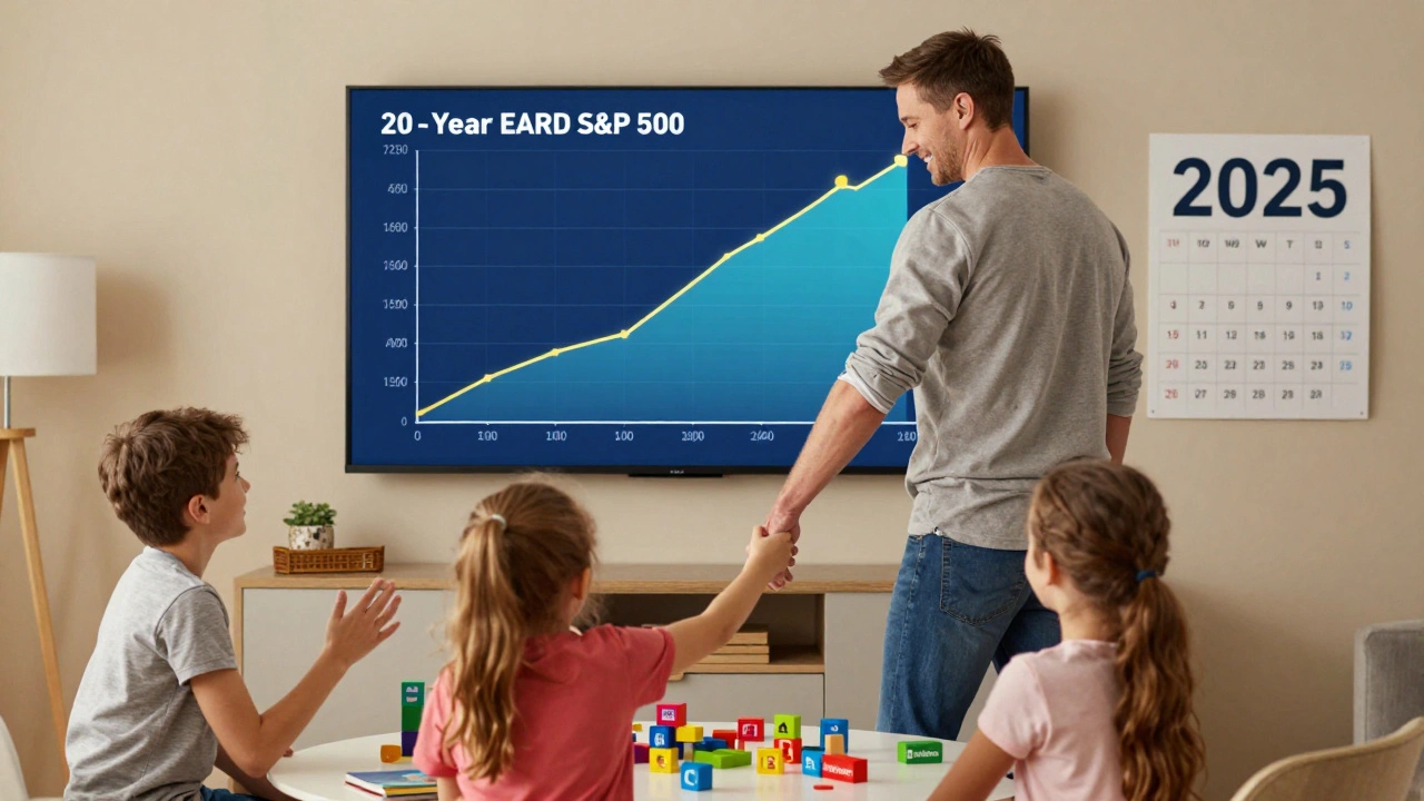 Česká rodina slaví růst investice do S&amp;P 500 na digitálním displeji s logy velkých společností.