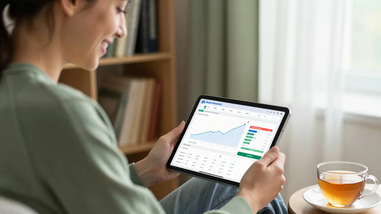 Český uživatel sleduje svůj investiční portfolia s dividendami na tabletu v klidném prostředí.