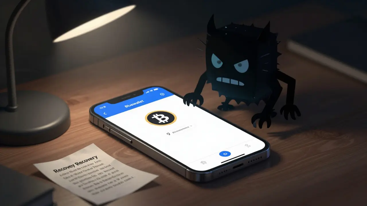 Chytrý telefon s peněženkou a stínem malware, vedle něj papír s obnovovacím kódem.