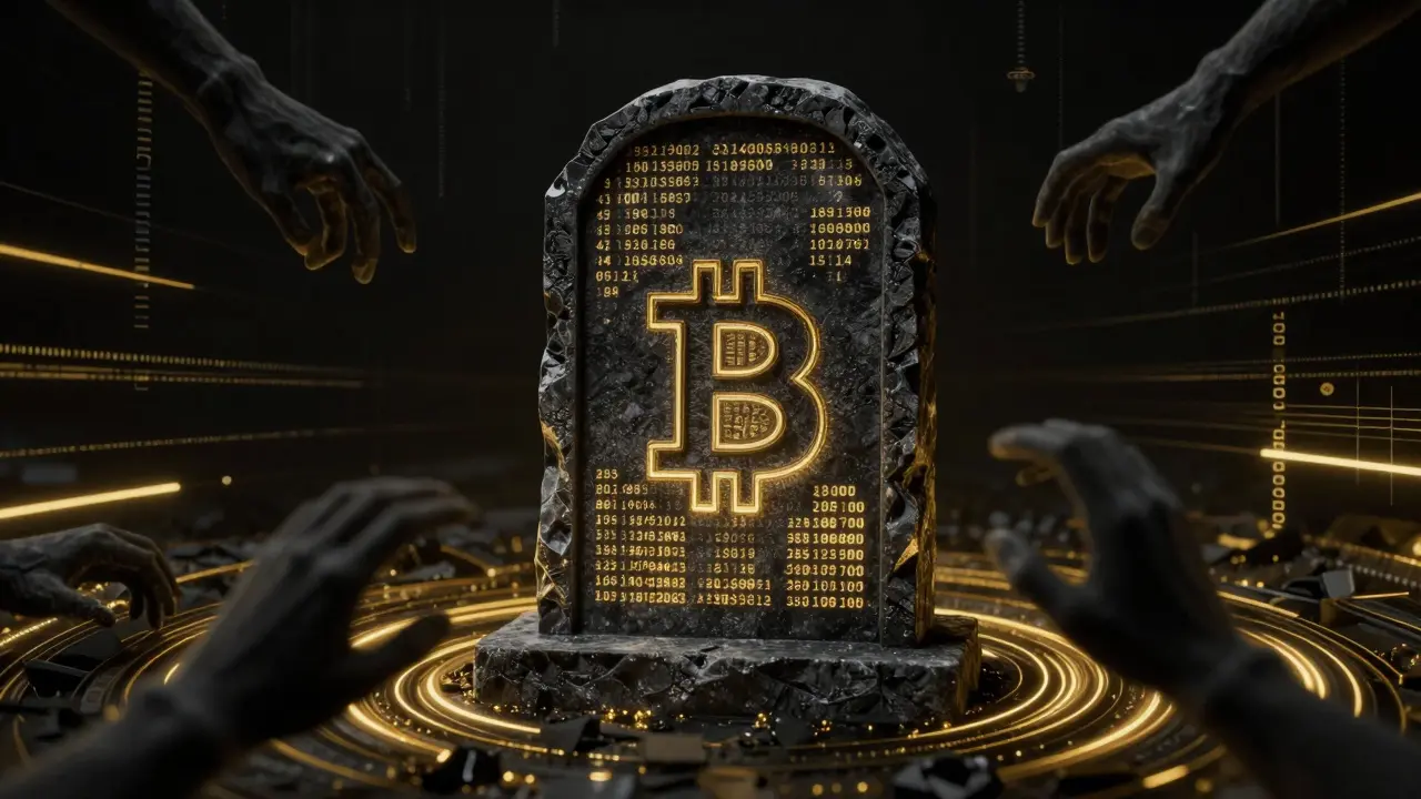 Digitální hrob s Bitcoinovým symbolem a 1 milionem nevyužitých adres ve světle blockchainu.