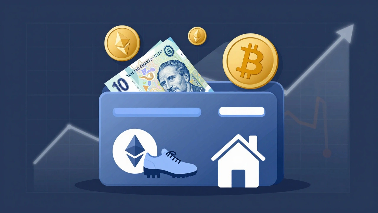 Digitální peněženka přeměňuje kryptoměny na koruny, obuv a dům jako symbol výdajů z kryptoměn.