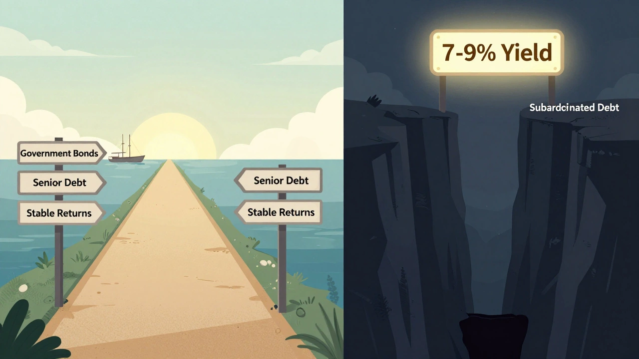 Dvě cesty investice: bezpečná cesta proti temnému útesu s lákavým, ale nebezpečným výnosem.