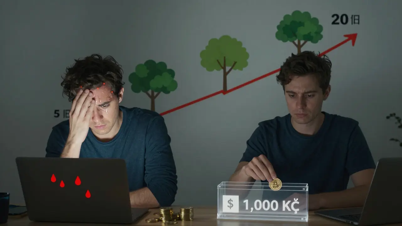 Dvě scény: jeden muž panikuje u kryptoměny, druhý klidně investuje do indexového fondu.