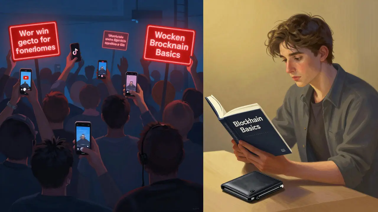 Dvě strany scény: levá s chaotickými krypto influencery, pravá s klidným čtenářem blockchainu.