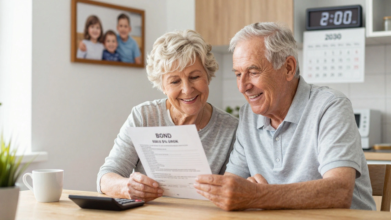 Dvojice s dluhopisem na kuchyňském stole, s fotografií vnoučat a kávou.