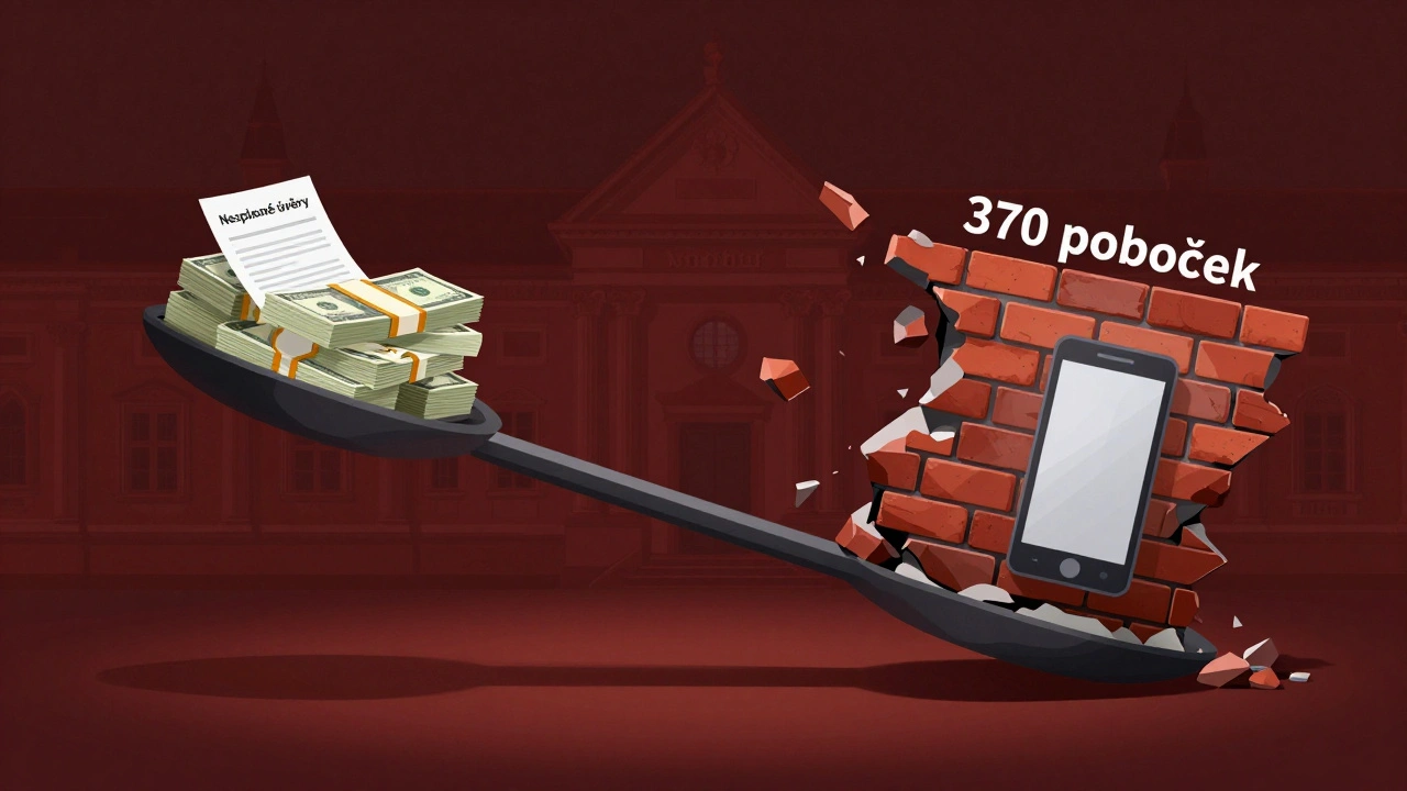 Finanční váha s klesajícími půjčkami a rozpadajícími se pobočkami v pozadí.