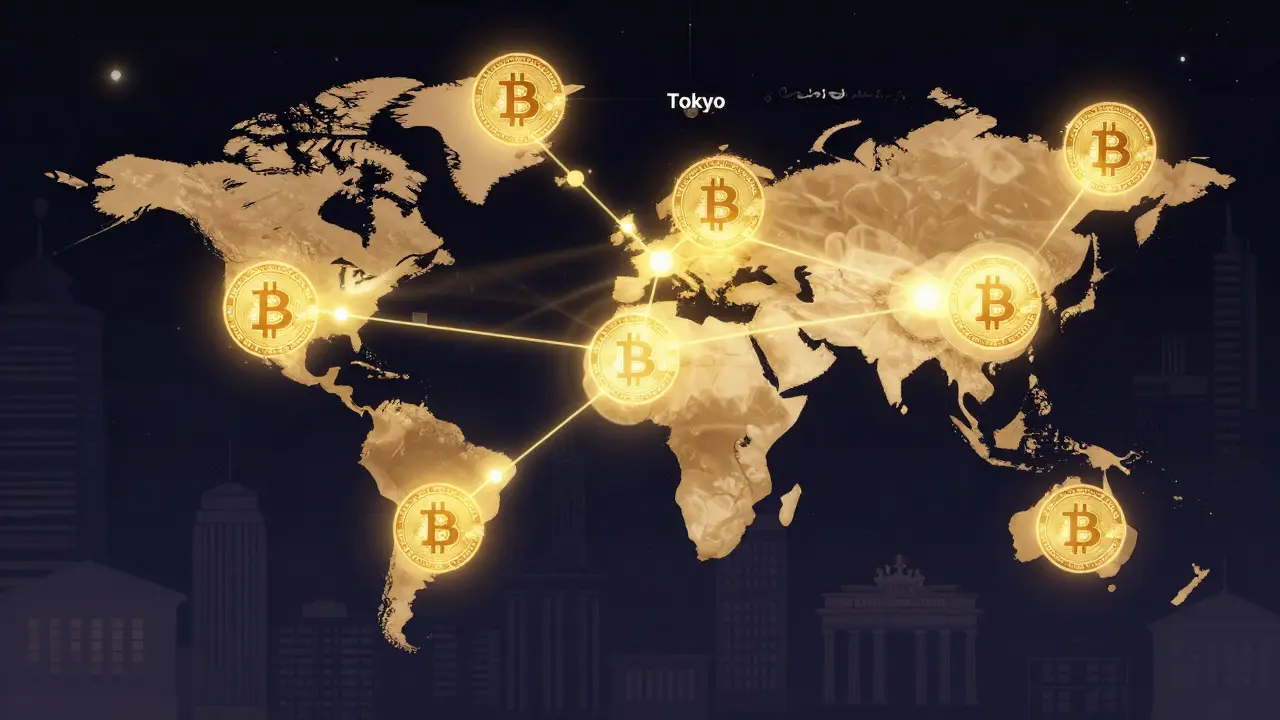 Globální síť počítačů spojených zlatými linkami představuje decentralizovaný Bitcoin.