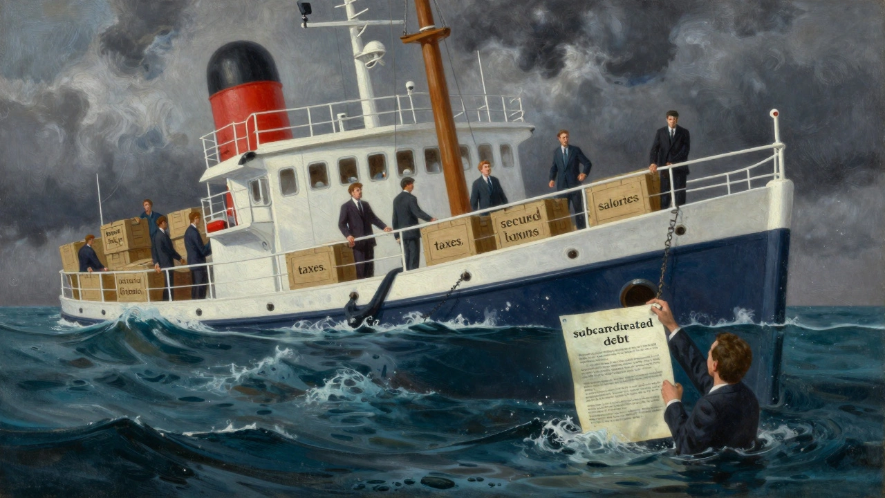 Investor drží podřízený dluhopis pod vodou, zatímco ostatní věřitelé unikají na záchranných člunech.