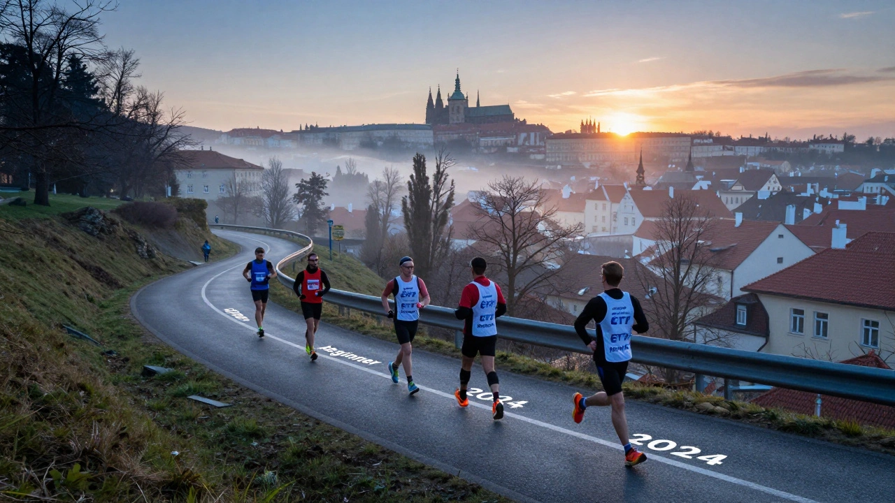 Maratonová cesta přes české město symbolizující dlouhodobé investování s rokem 2023 až 2025.