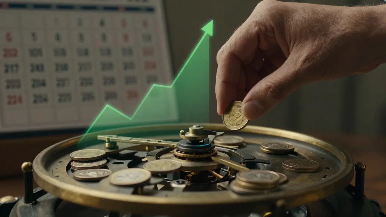 Mince v hodinovém mechanismu, který přeměňuje čas na růst investic.