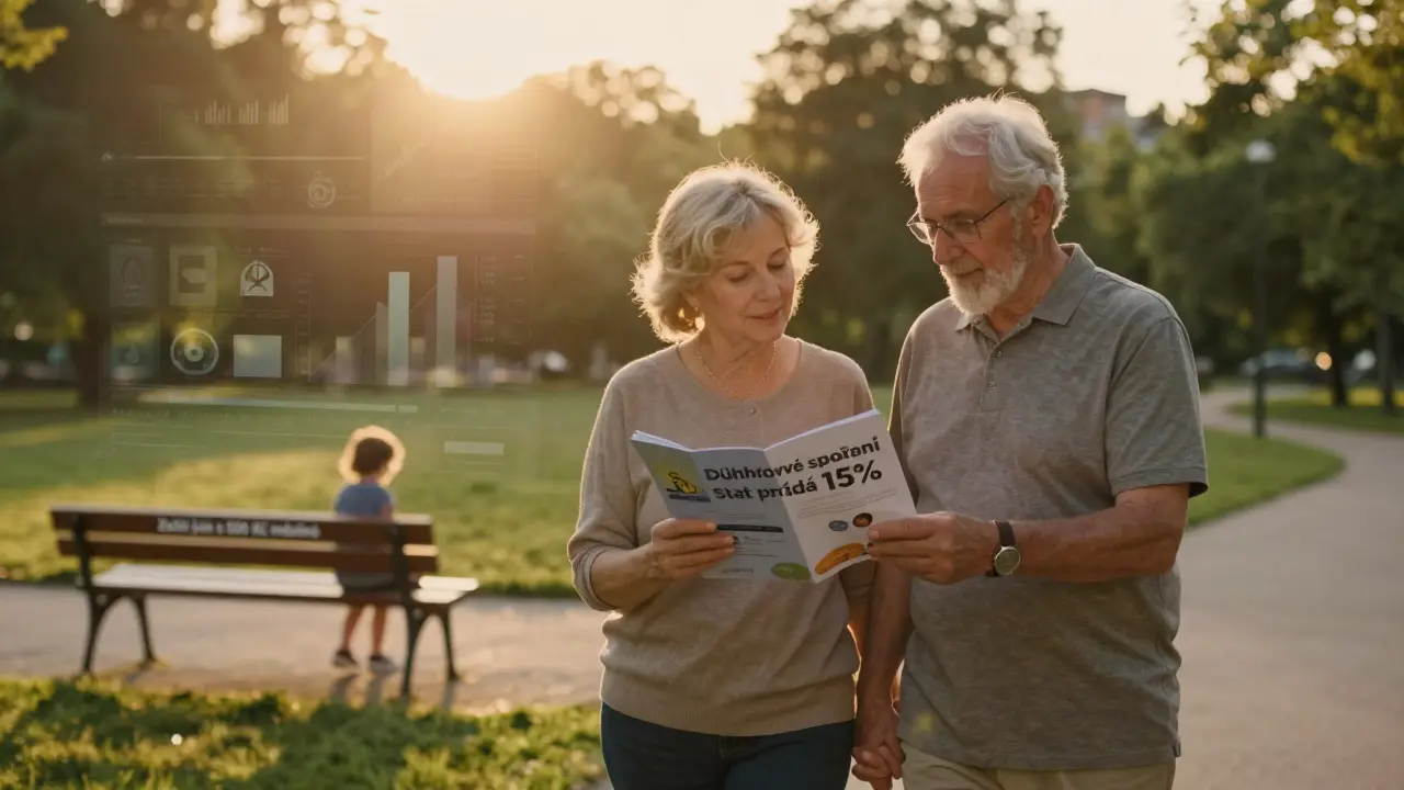 Pár večer v parku drží brožuru o důchodovém spoření, za nimi dítě hraje.