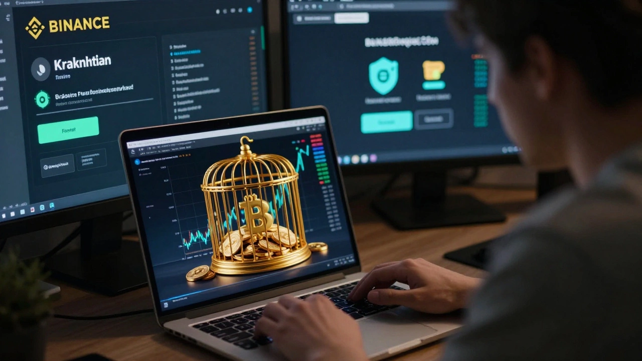 Person watching a crypto chart with a golden cage around digital coins.