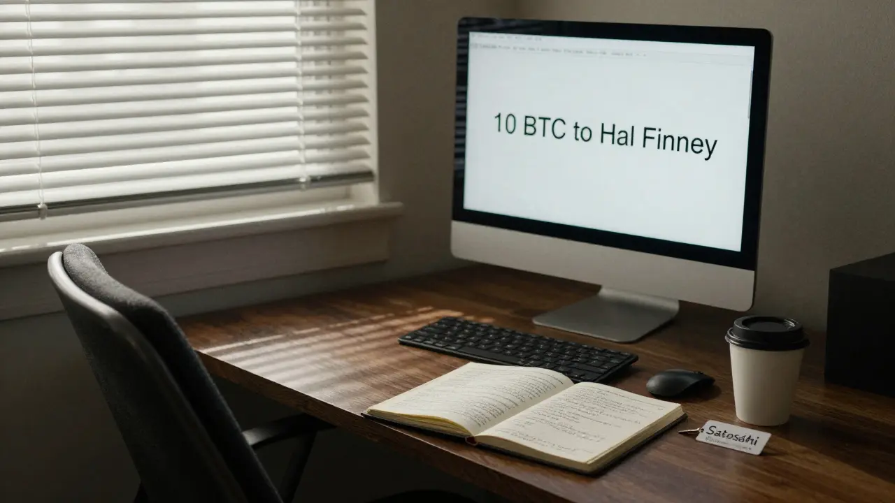 Prázdné křeslo před monitorem s první Bitcoinovou transakcí a zbytky po vytvořiteli.