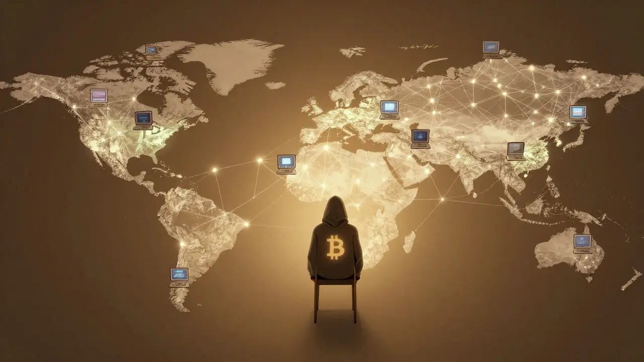 Prázdný židli s bundou v centru globální sítě uzlů Bitcoinu, symbolizující jeho neznámého zakladatele.