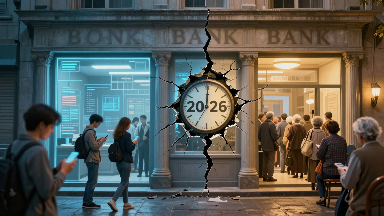 Rozdělený portrét banky: moderní digitální služby na jedné straně, zastaralá pobočka na druhé.