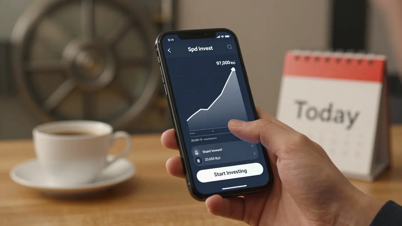 Ruka stiská tlačítko na mobilu s investiční aplikací a růstovou křivkou.