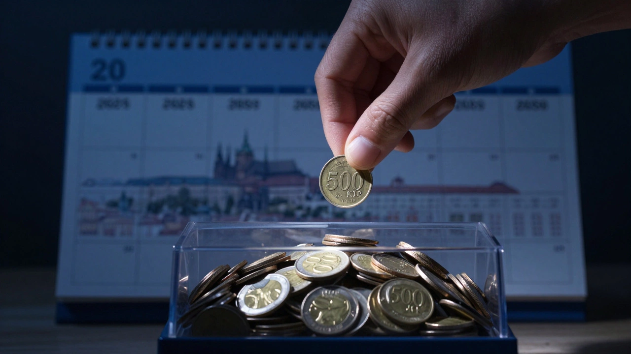 Ruka vkládá 500 Kč do stroje času, který ho přeměňuje na tisíce korun během desetiletí s obrysy českých měst na pozadí.