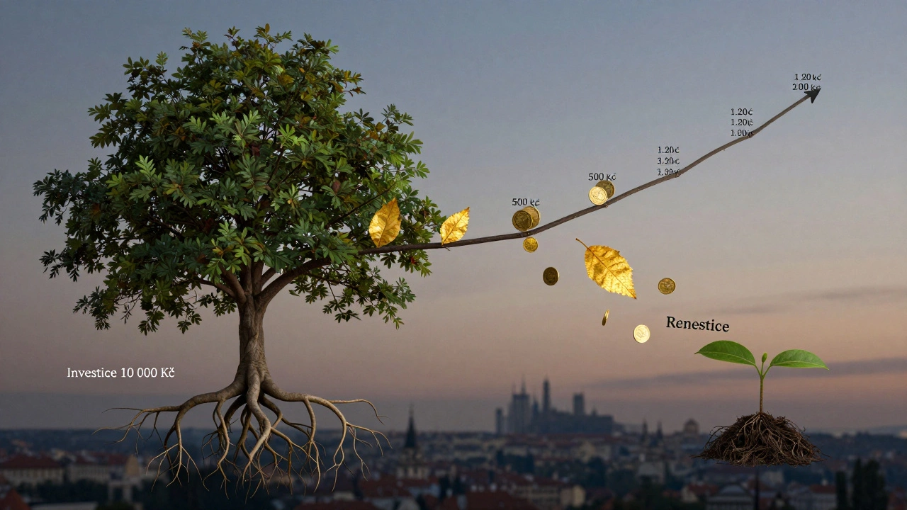 Strom s kořeny jako investice a větvemi jako rostoucí dividendy, symbolizující složený úrok.
