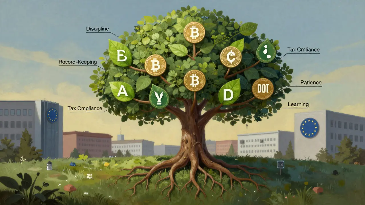 Strom s kořeny z blockchainů a listy jako kryptoměny, symbolizující růst obchodní živnosti s pravidly.