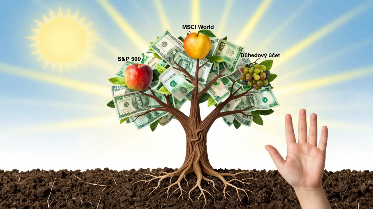 Strom s kořeny z peněz a ovoce označeného investičními fondy, rostoucí z dětského otisku ruky.