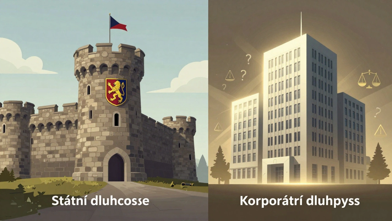 Symbolické srovnání bezpečných státních a rizikovějších korporátních dluhopisů.