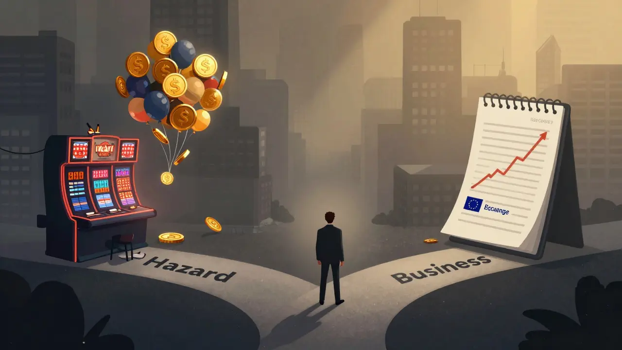 Symbolický obraz obchodníka na rozcestí mezi hazardem a profesionálním podnikáním s kryptoměnami.