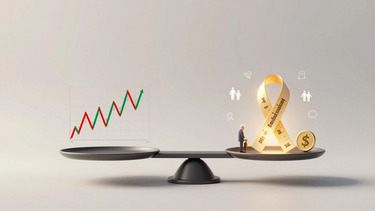 Váha s rizikovými akciemi na jedné straně a stabilními dluhopisy na druhé.