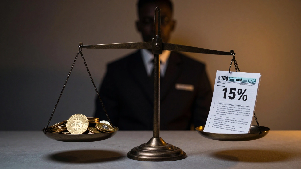Váha vyvažuje zisk z kryptoměn a daňový dokument s 15 %, symbolizující daňovou povinnost v Česku.