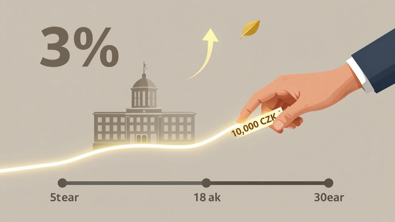 Zlatá cesta mezi rukou a budovou ČR symbolizuje půjčku s ročním úrokem 3 %.