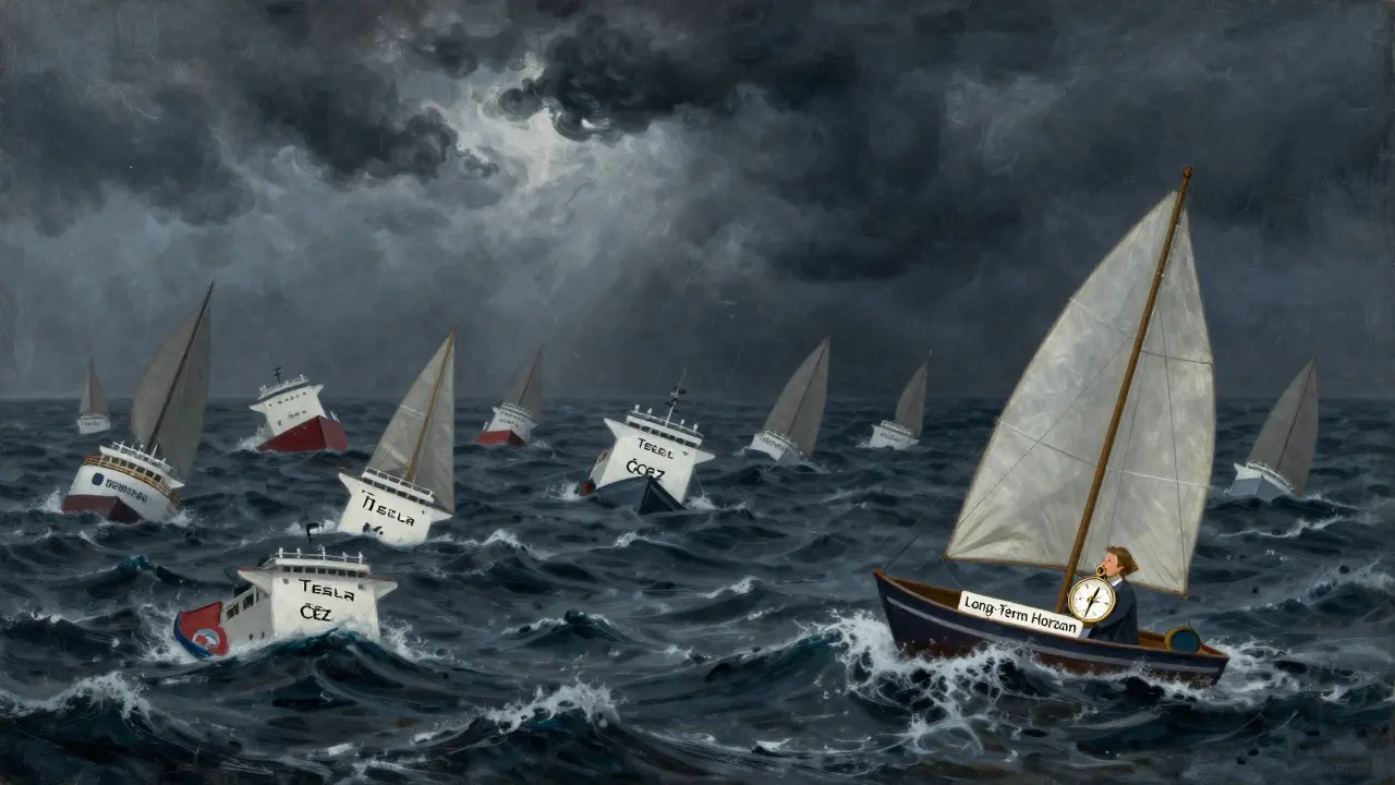 Bouřlivé moře s loděmi značenými firmami, které potápí, zatímco jedna loď pluje směrem k jasnému horizontu.