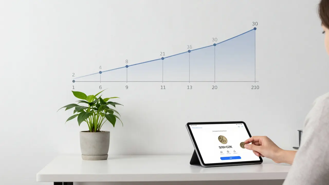 Česká osoba vkládá 500 Kč do investiční aplikace, vedle ní roste rostlina, na stěně je graf růstu za 20 let.