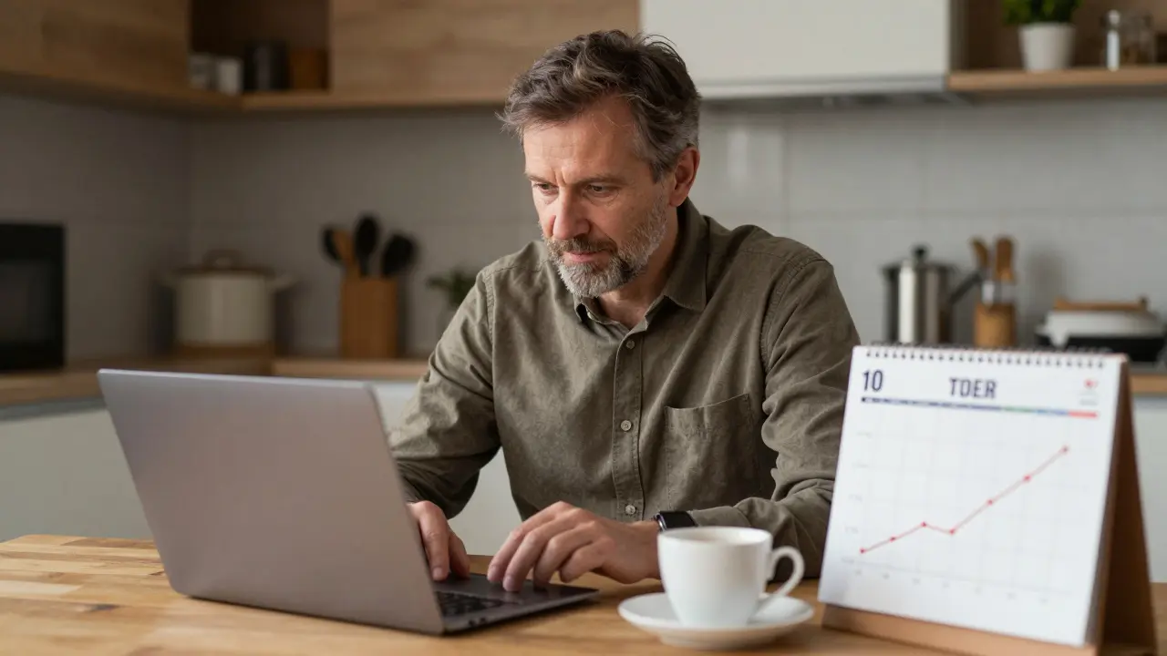 Český investor v kuchyni přidává pravidelné příspěvky do indexového fondu s grafem růstu na obrazovce.