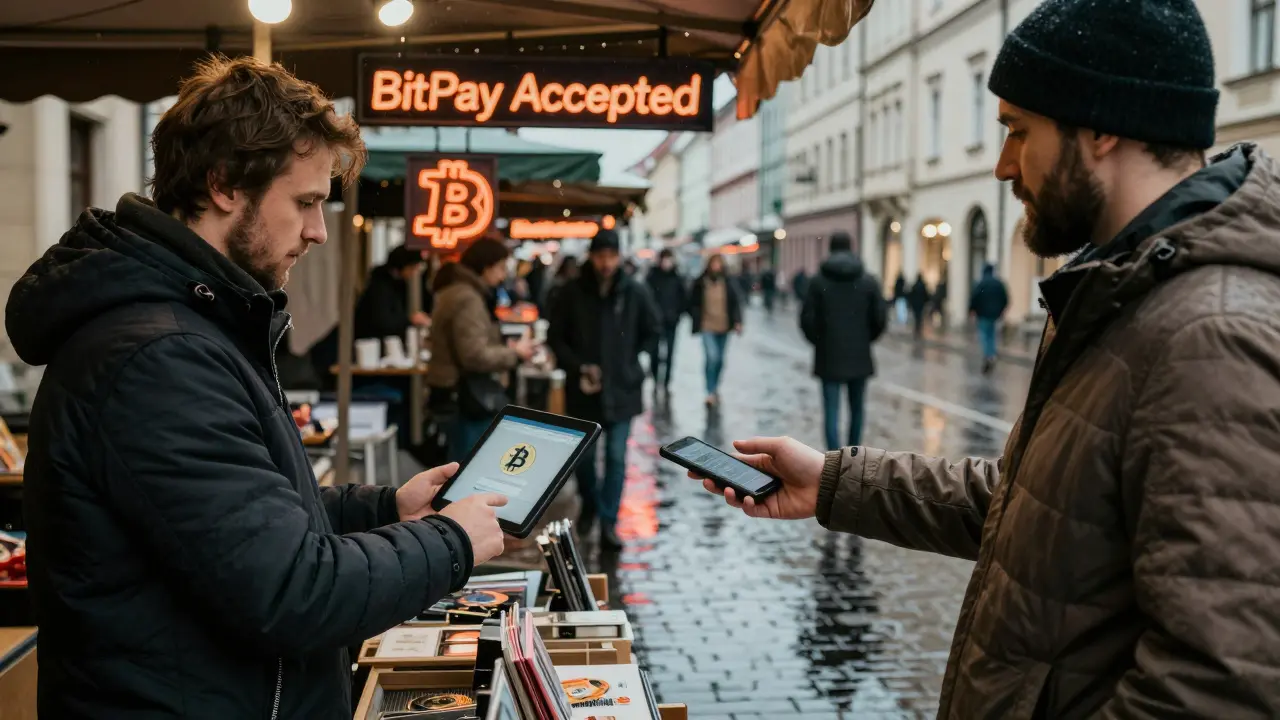 Český trh, kde obchodník přijímá Bitcoin pomocí tabletu.