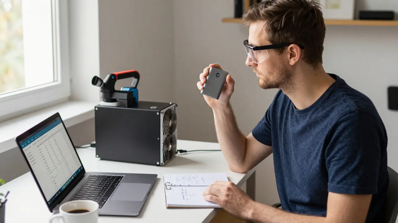 Český uživatel drží hardware peněženku vedle čistého ASIC mineru, v ruce má kompresor, na stole kalkulačka.